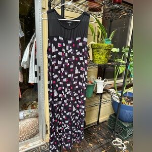 DKNY Abstract Print Tank Top Dress Black and Purple Design Calf Length Size XL